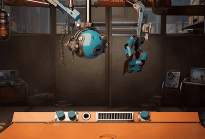 A Robotic Arm Is Holding A Blue Ball With A Face On It In A Room GIF