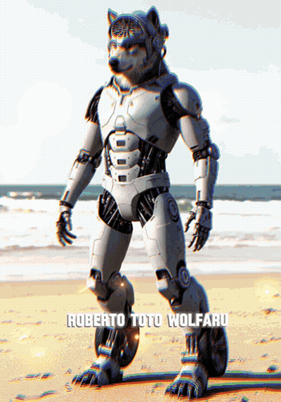A Robotic Wolf Standing On The Beach With The Name Roberto Toto Wolfaru Below It GIF