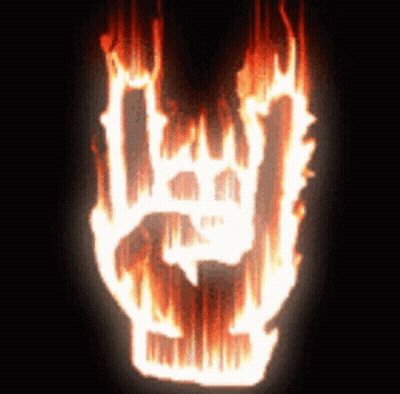 A Rock And Roll Sign Is On Fire With A Black Background GIF