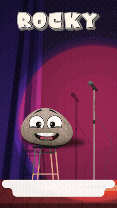 a rock with a face is on a stool in front of a microphone with the word rocky above it