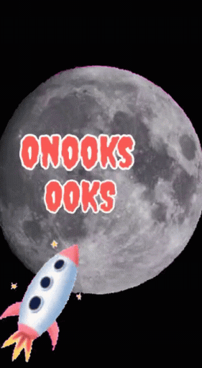 A Rocket Is Flying In Front Of A Full Moon With The Words Onooks Ooks Written In Red GIF