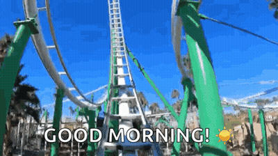 A Roller Coaster At A Theme Park With The Words `` Good Morning '' Written On It . GIF