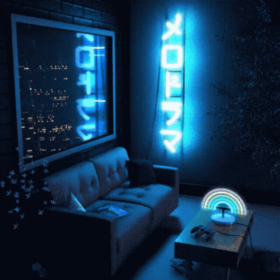 A Room With A Couch And A Neon Sign That Says " Xerox " GIF