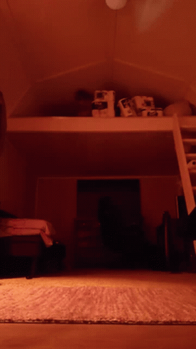 A Room With A Ladder Leading Up To A Loft GIF