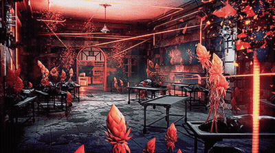 A Room With A Lot Of Plants And A Few Tables In It GIF