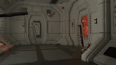 A Room With A Red Door That Says " Fire " On It GIF