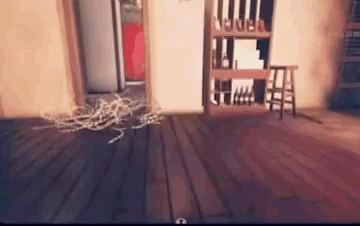 A Room With A Wooden Floor , A Shelf , A Stool And A Door . GIF