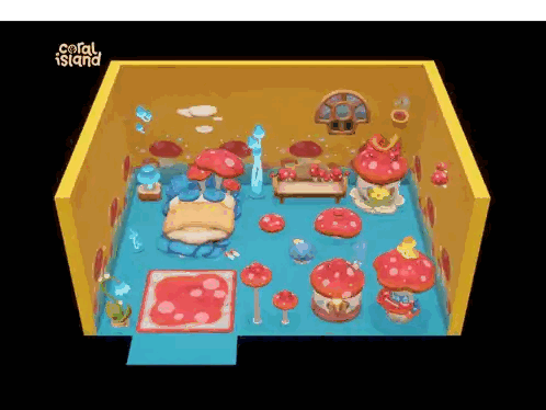 A Room With Mushrooms And Coral Island Written On The Bottom Sticker
