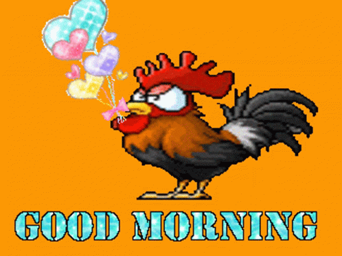 A Rooster Holding Balloons With The Words Good Morning Below It GIF