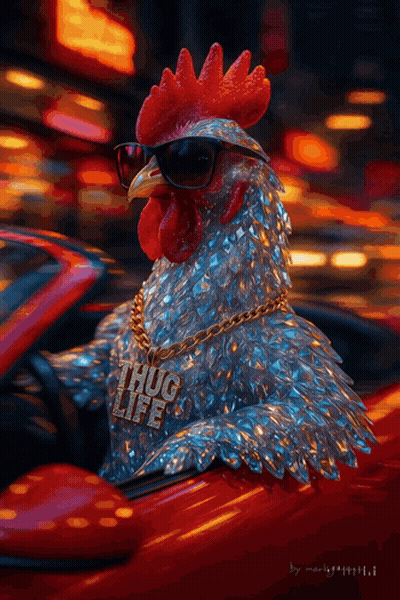 A Rooster Wearing Sunglasses And A Thug Life Necklace Is Driving A Red Car GIF