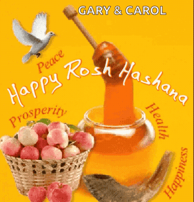 A Rosh Hashana Greeting Card With A Basket Of Apples And A Jar Of Honey GIF