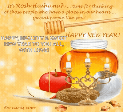 A Rosh Hashanah Card With A Jar Of Honey Candles And Apples GIF