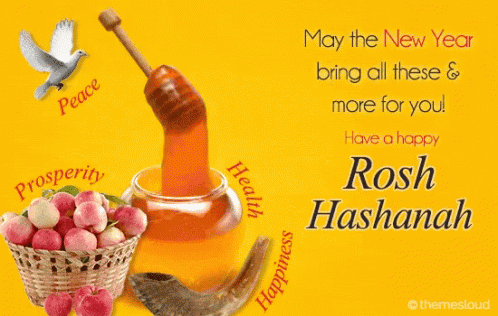 A Rosh Hashanah Greeting Card With A Basket Of Apples And Honey GIF