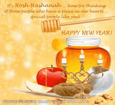 A Rosh Hashanah Greeting Card With A Jar Of Honey Candles And Apples GIF