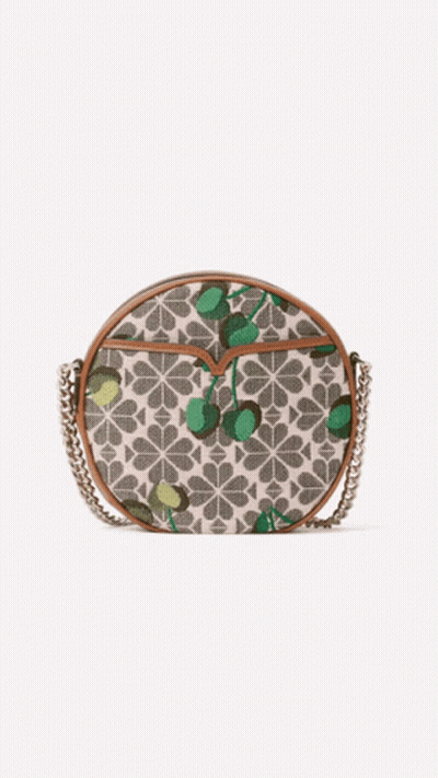 A Round Purse With A Chain And A Pattern Of Cherries On It GIF