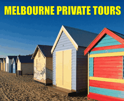A Row Of Beach Huts On A Sandy Beach With The Words Melbourne Private Tours Above Them GIF