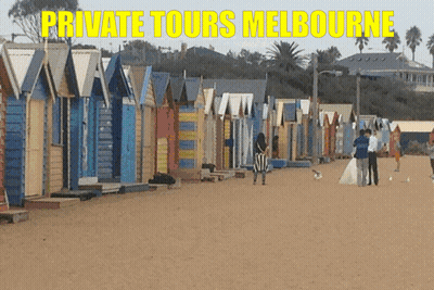 A Row Of Beach Huts On A Sandy Beach With The Words Private Tours Melbourne GIF