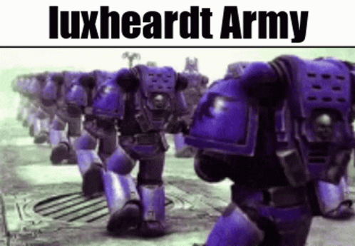 A Row Of Blue Robots Are Walking In A Line With The Words Luxheardt Army Written On The Bottom . GIF