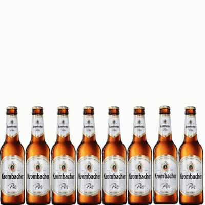A Row Of Bottles Of Krombacher Beer Are Lined Up In A Row GIF