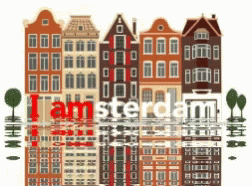 A Row Of Buildings With Amsterdam Written On The Bottom GIF