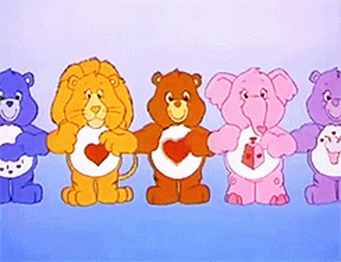 A Row Of Care Bears Are Standing Next To Each Other GIF