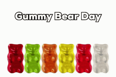 A Row Of Colorful Gummy Bears With The Words Gummy Bear Day Written Above Them GIF