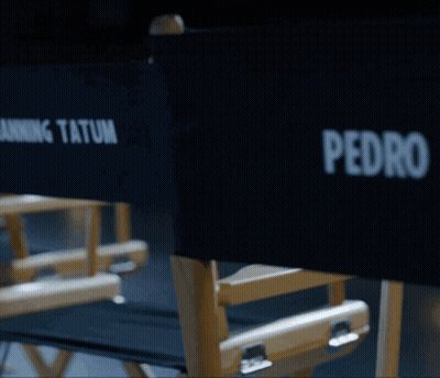 A Row Of Director 'S Chairs With The Name Pedro Pascal On The Back GIF