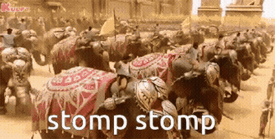 A Row Of Elephants Are Lined Up In A Parade With The Words Stomp Stomp Written Below Them . GIF