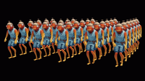 A Row Of Fish Heads Are Walking In A Line GIF