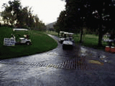 A Row Of Golf Carts Are Parked On The Side Of A Road . GIF