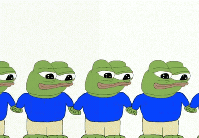 A Row Of Green Frogs Wearing Blue Shirts Are Standing Next To Each Other GIF