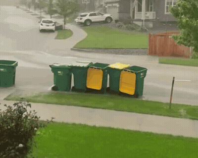 A Row Of Green Garbage Cans With Yellow Lids Are Lined Up On The Side Of The Road GIF