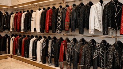 A Row Of Jackets Are Hanging On A Rack GIF