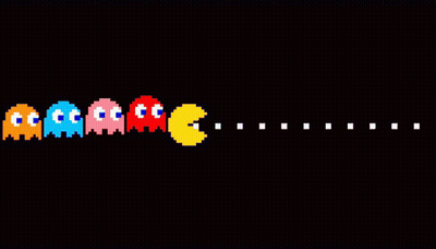 A Row Of Pac Man Ghosts Are Lined Up In A Line GIF