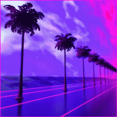 A Row Of Palm Trees Against A Purple And Pink Background GIF