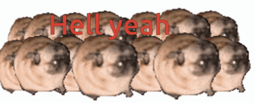 A Row Of Pugs With The Words Hell Yeah Written On Them GIF