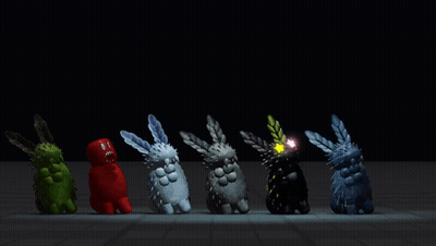 A Row Of Rabbits In Different Colors Are Lined Up In A Dark Room GIF