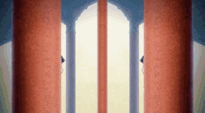 A Row Of Red Columns With A Blue Archway GIF