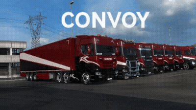 A Row Of Red Trucks Are Parked In A Parking Lot With The Word Convoy On The Bottom GIF