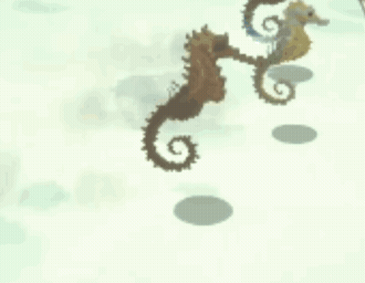 A Row Of Seahorses Are Walking Along A Beach GIF