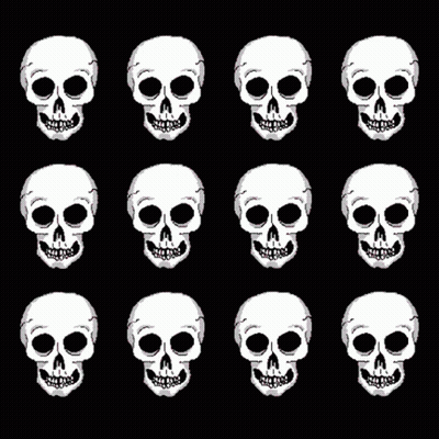 A Row Of Skulls With Pink Tongues Sticking Out On A Black Background GIF
