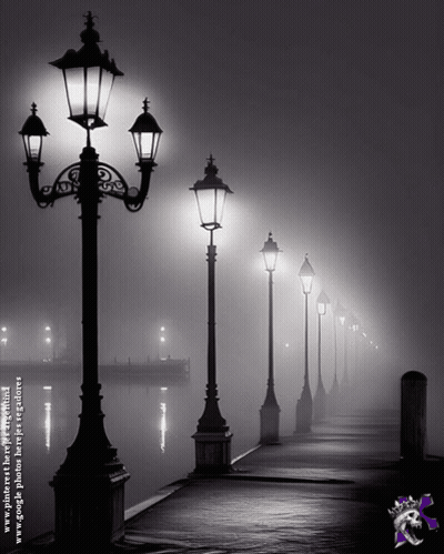 A Row Of Street Lights Are Lit Up In A Foggy Night GIF