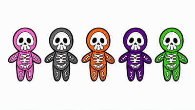 A Row Of Stuffed Skeletons With Different Colors GIF