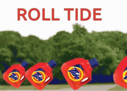 A Row Of Tide Laundry Detergent Bottles Are Rolling On A Field GIF
