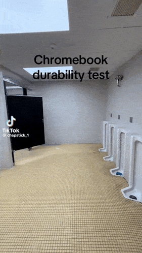 A Row Of Urinals In A Bathroom With The Caption Chromebook Durability Test GIF