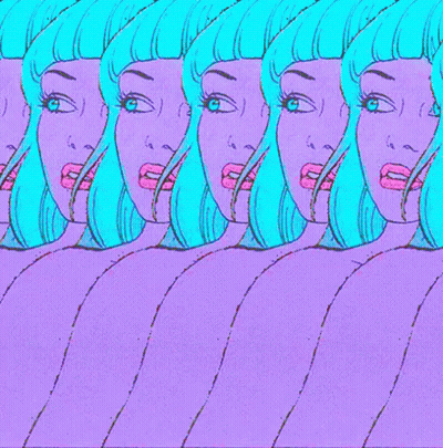 A Row Of Women With Blue Hair And Pink Lips GIF