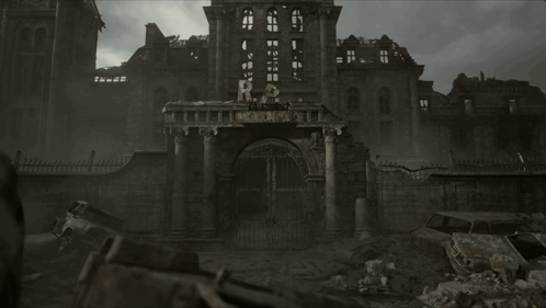 A Ruined Building With The Letter R On It GIF