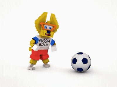 A Russia 2018 Mascot Kicks A Soccer Ball On A White Background GIF