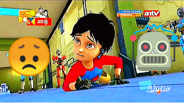 A Sad Face Is Next To A Boy In A Red Shirt GIF