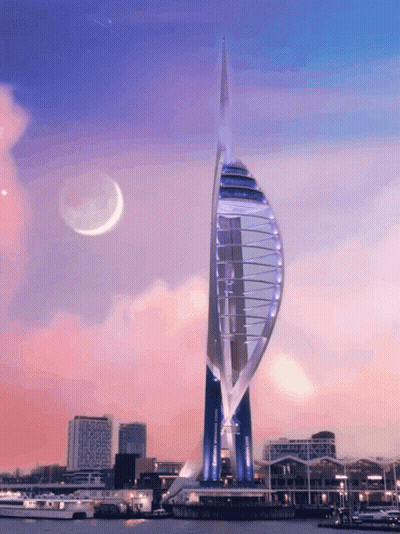 A Sailboat Shaped Building With A Crescent Moon Behind It GIF